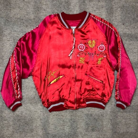RARE 1980’s JouJou Bomber | Bright Red Rayon with Embroidery | Size M - Picture 1 of 16
